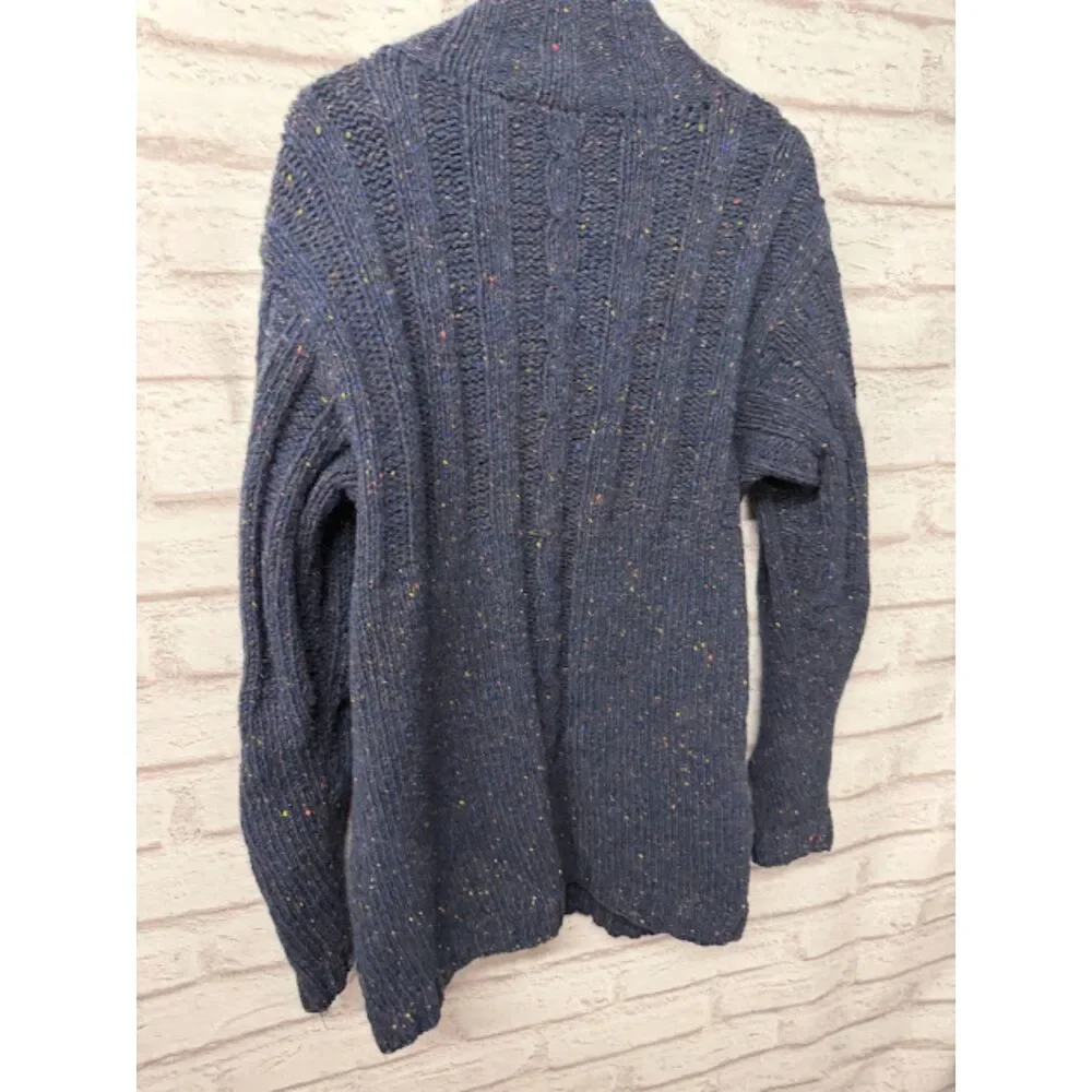 The J. Peterman Company Cardigan Sweater Medium Blue Wool Speckle Cable Knit